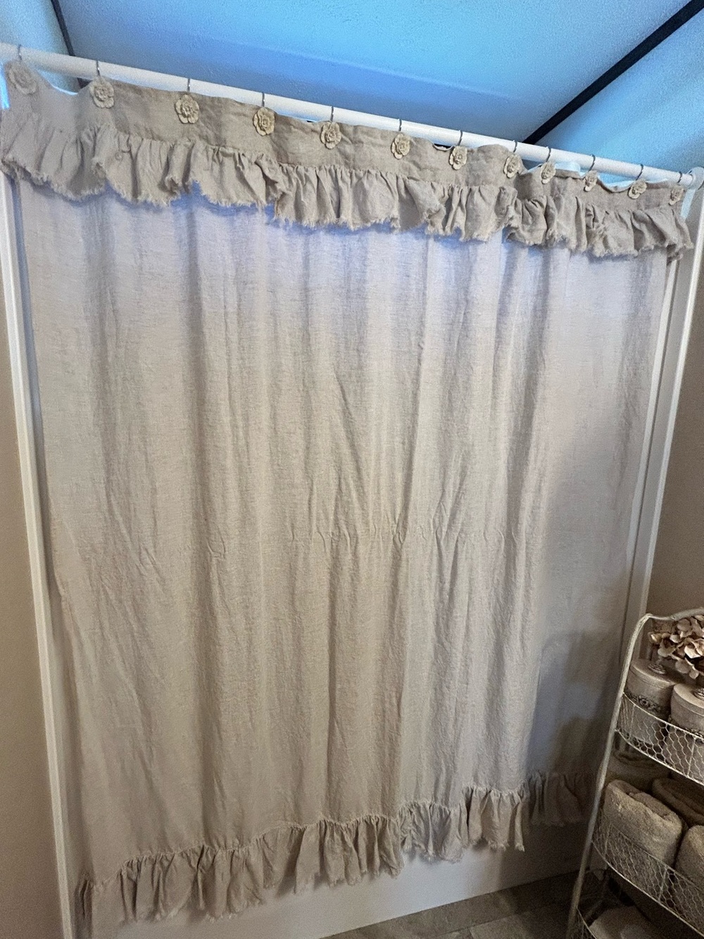Pottery Barn beige flax linen shower curtain